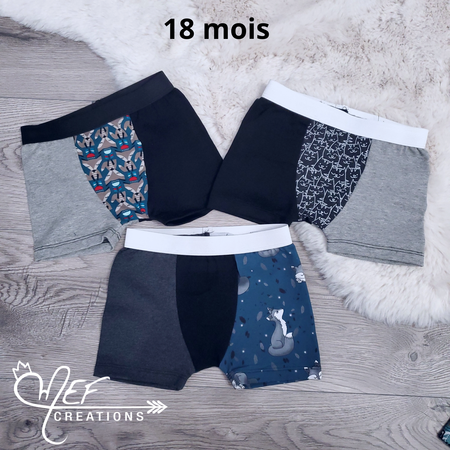 Boxers enfants 18 mois, lot de 3, prêt-à-partir ; renard, chat gris, renard mef