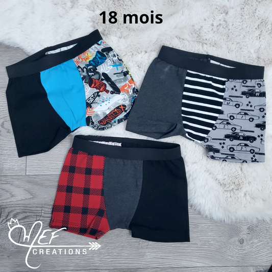 Boxers enfants 18 mois, lot de 3, prêt-à-partir : skate, voiture, carreauté
