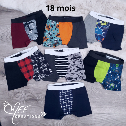 Boxers enfants 18 mois, lot de 7, prêt-à-partir  : avions camouflage, 4 roues, soccer coloré, camions consctruction, voitures, jeux vidéo, ancre marine