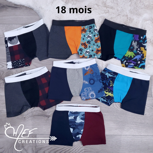 Boxers enfants 18 mois , lot de 7, prêt-à-partir  : plaid, 4 roues, dinosaures colorés, carreauté, tracteur, requin, camouflage