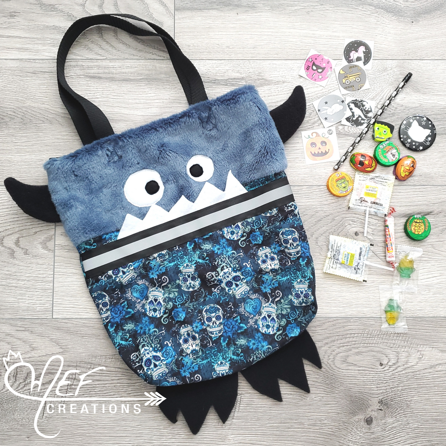 Sac à bonbons halloween, monstre malin motif tête de mort BLEU