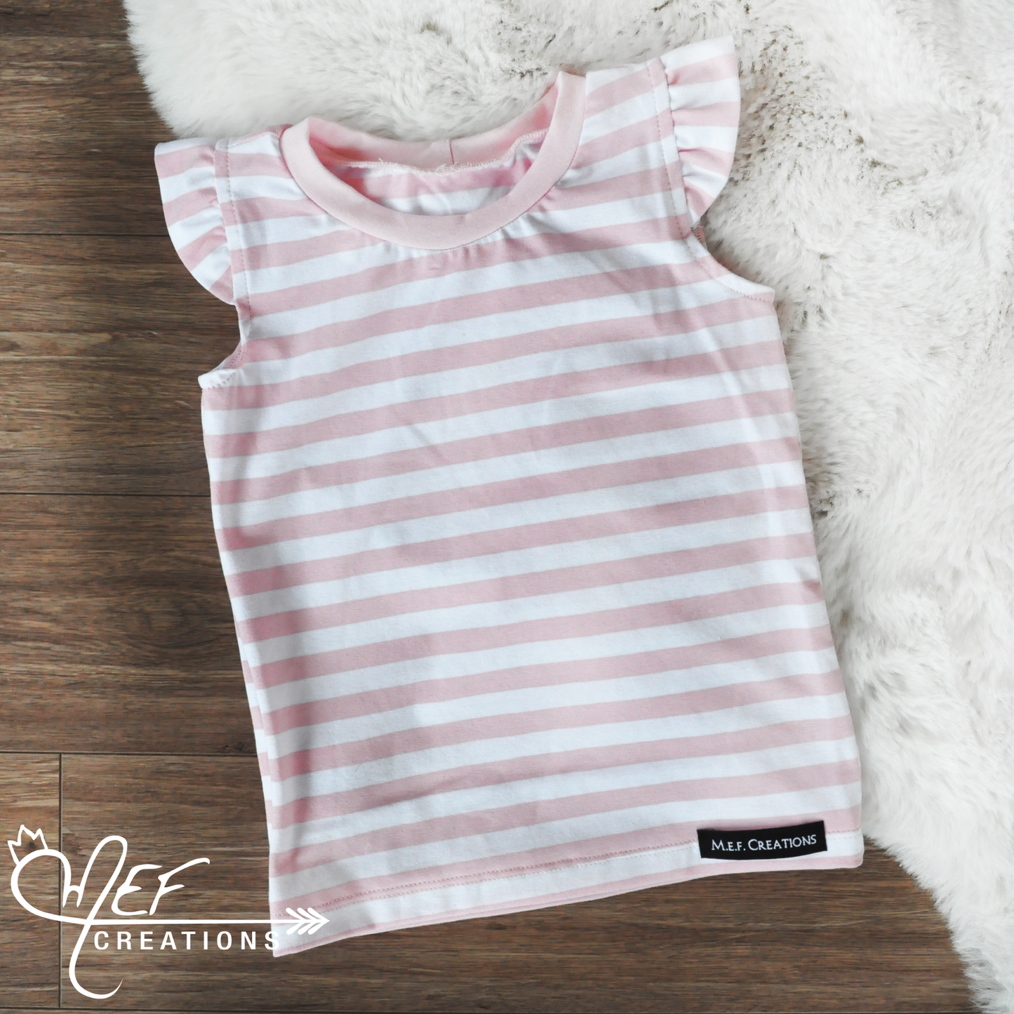 Camisole à volants lignée blanc et rose pale à poche pour bébé et enfant
