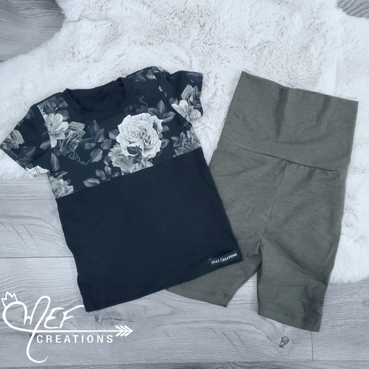 Prêt-à-partir, ensemble t-shirt fleuris kaki et short legging uni kaki 3 à 5 ans - vente finale -