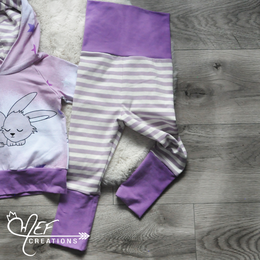 Legging rayé lilas et écru, legging évolutif pour bébé et enfant