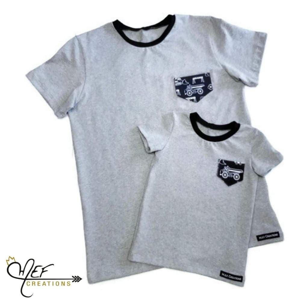 T-shirt parent ou enfant, gris, fausse poche camions construction