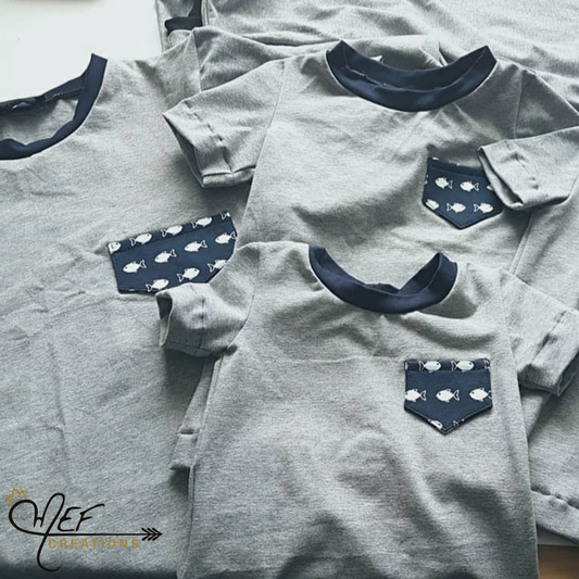 Duo parent/ enfant ou seul, gris, fausse poche, motif poisson fond marine et encolure marine