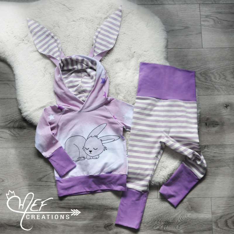 Hoodie lapin rose et rayure écru et lilas, MOTIF EXCLUSIF MEF -LIMITÉE-