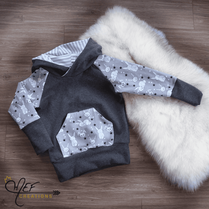 PRÊT-À-PARTIR, 3 à 12 mois, Hoodie lapin évolutif version grise unisexe pour Pâques, MOTIF EXCLUSIF MEF