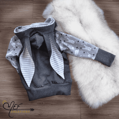 PRÊT-À-PARTIR, 3 à 12 mois, Hoodie lapin évolutif version grise unisexe pour Pâques, MOTIF EXCLUSIF MEF