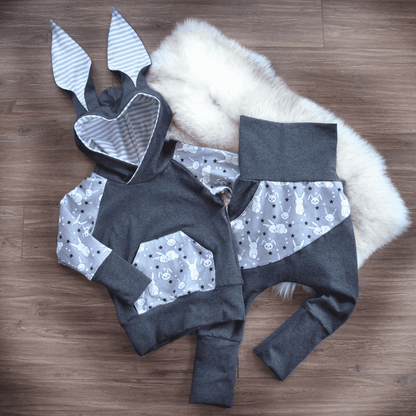 PRÊT-À-PARTIR, 3 à 12 mois, Hoodie lapin évolutif version grise unisexe pour Pâques, MOTIF EXCLUSIF MEF