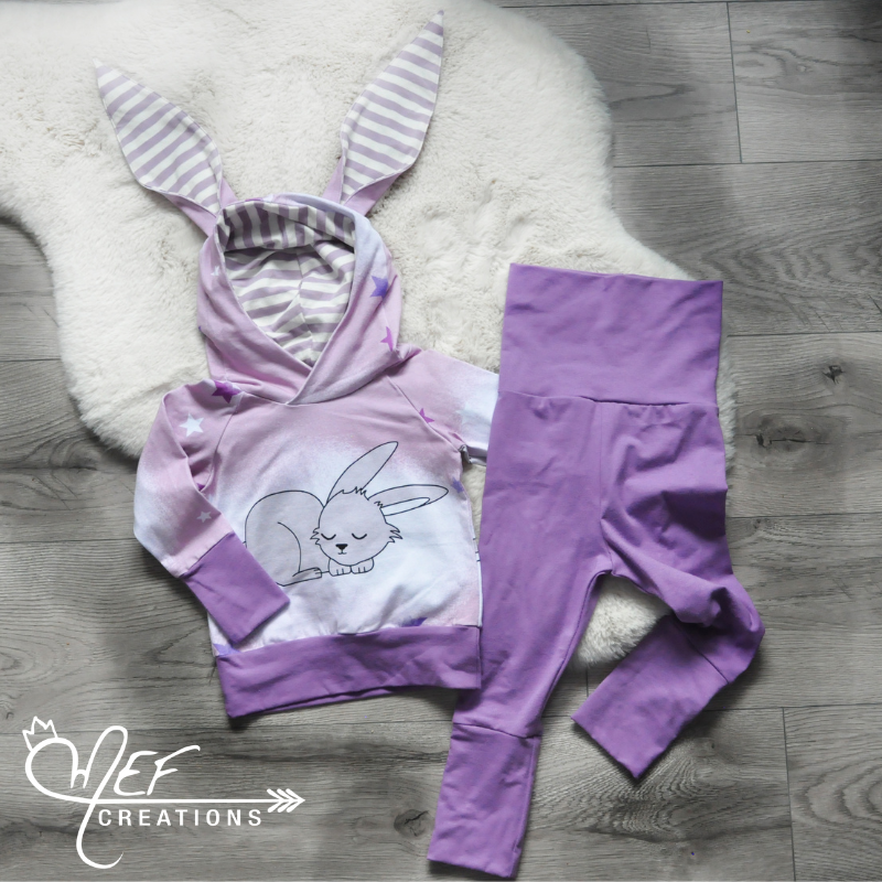 Hoodie lapin rose et rayure écru et lilas, MOTIF EXCLUSIF MEF -LIMITÉE-