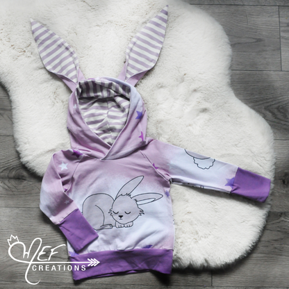 Hoodie lapin rose et rayure écru et lilas, MOTIF EXCLUSIF MEF -LIMITÉE-