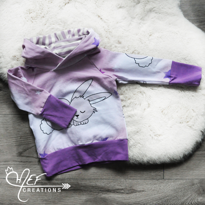 Hoodie lapin rose et rayure écru et lilas, MOTIF EXCLUSIF MEF -LIMITÉE-