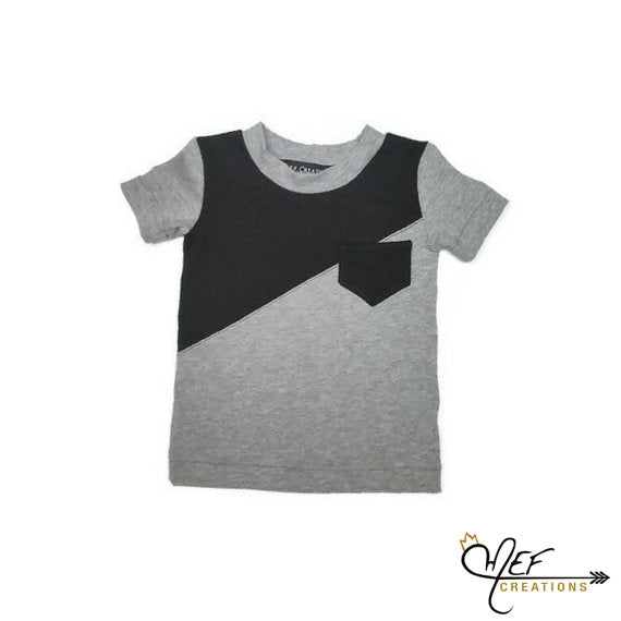 T-shirt asymétrique uni, choix de longueur manches, empiècement et poche noir pour enfant 5 à 11 ans