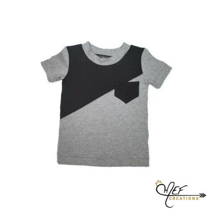 T-shirt asymétrique uni, choix de longueur manches, empiècement et poche noir pour enfant 1 à 5 ans