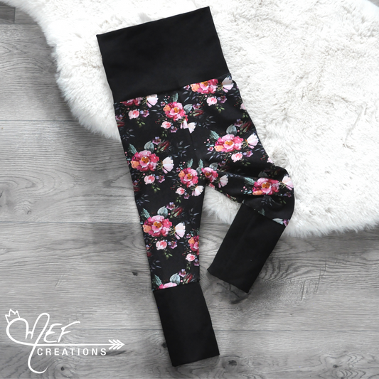 Pantalon fleuris mathilde pour bébé et enfant, choix de la coupe du pantalon, legging évolutif ou sarouel évolutif