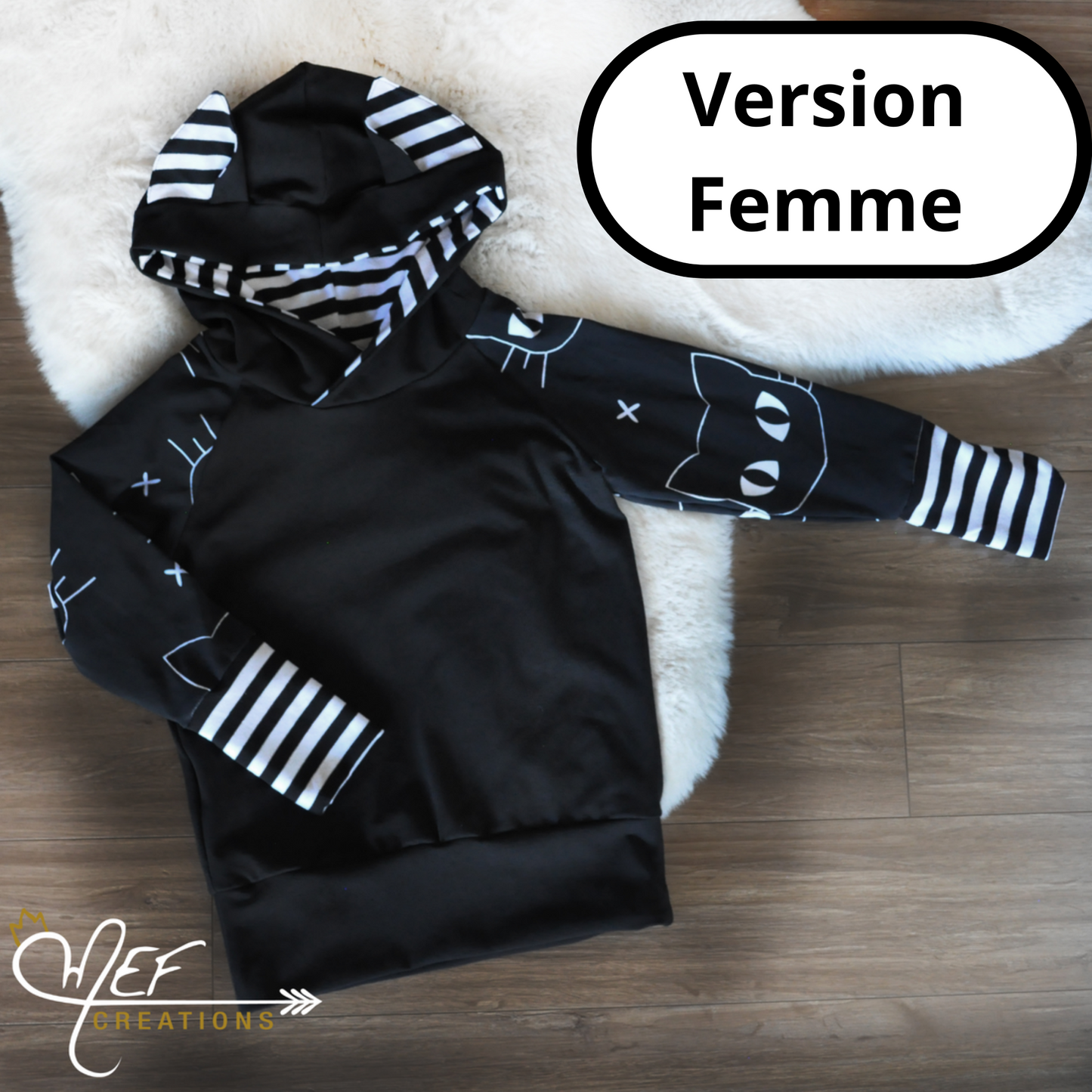 Hoodie chat femme blanc et noir avec oreilles